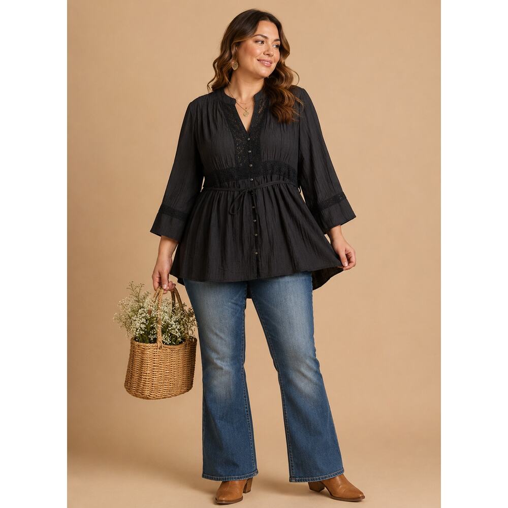 Black Lace Pleated Peplum Blouse 2X Tie Waist Gothic Boho Cottagecore